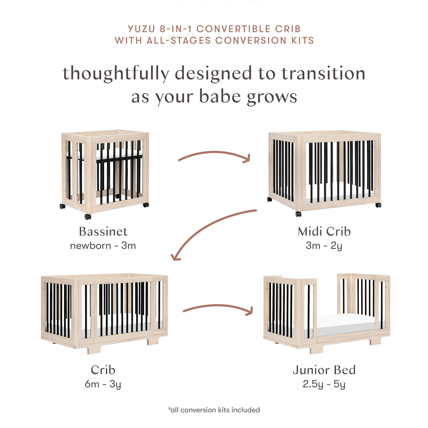 Babyletto Yuzu Convertible All-Stages® Bassinet, Midi, Full-Size Crib in Natural, Greenguard Gold Certified, Portable & Adjustable with Conversion Kits and Pads Included