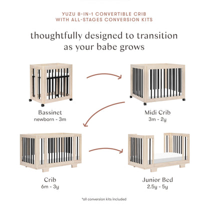 Babyletto Yuzu Convertible All-Stages® Bassinet, Midi, Full-Size Crib in Natural, Greenguard Gold Certified, Portable & Adjustable with Conversion Kits and Pads Included