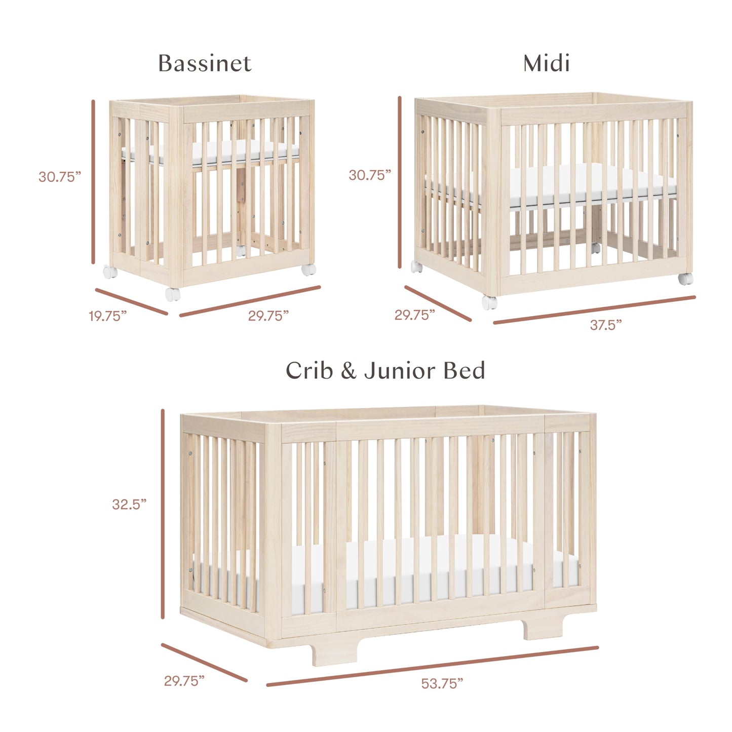 Babyletto Yuzu Convertible All-Stages® Bassinet, Midi, Full-Size Crib in Natural, Greenguard Gold Certified, Portable & Adjustable with Conversion Kits and Pads Included