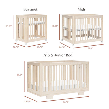 Babyletto Yuzu Convertible All-Stages® Bassinet, Midi, Full-Size Crib in Natural, Greenguard Gold Certified, Portable & Adjustable with Conversion Kits and Pads Included