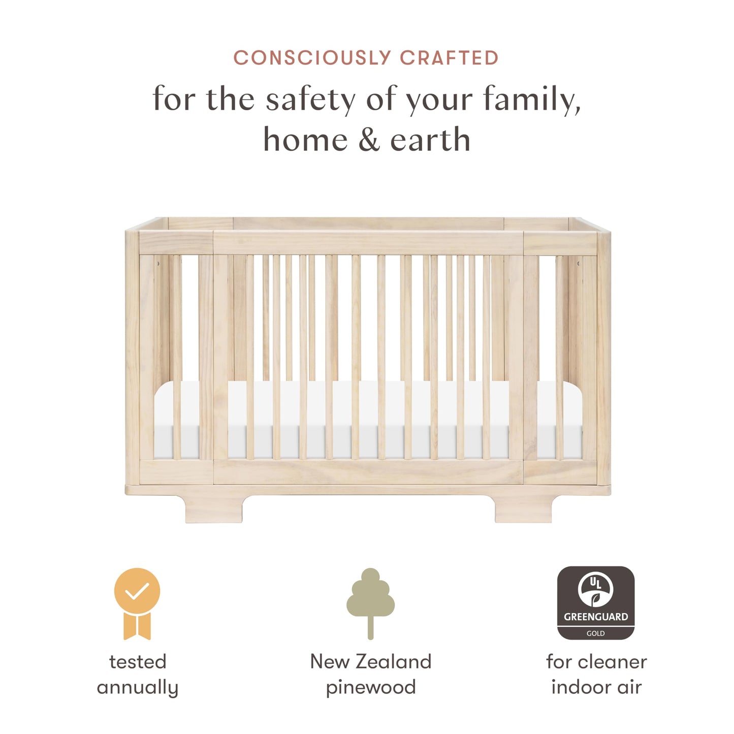 Babyletto Yuzu Convertible All-Stages® Bassinet, Midi, Full-Size Crib in Natural, Greenguard Gold Certified, Portable & Adjustable with Conversion Kits and Pads Included