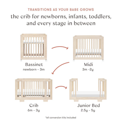 Babyletto Yuzu Convertible All-Stages® Bassinet, Midi, Full-Size Crib in Natural, Greenguard Gold Certified, Portable & Adjustable with Conversion Kits and Pads Included