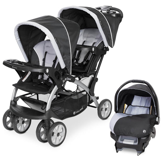 Baby Trend Infant and Toddler Double Stroller & 2 Car Seat Combo, 3 Pc Set, Magnolia - Portable and Lightweight Stroller Duo and Car Seat Travel System Tandem