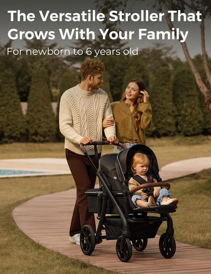 Momcozy ChangeGo Baby Stroller, Convertible Single-to-Double-to-Wagon Stroller with 23 Configurations, Carry-cot and Seat Included, Large PU Wheels, All-Wheel Suspension ＆ Extendable UPF50+ Canopy