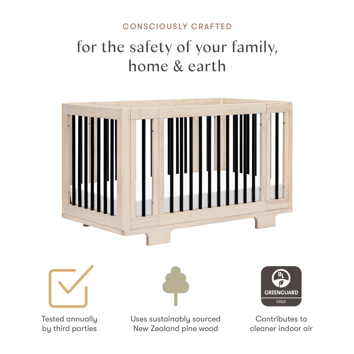 Babyletto Yuzu Convertible All-Stages® Bassinet, Midi, Full-Size Crib in Natural, Greenguard Gold Certified, Portable & Adjustable with Conversion Kits and Pads Included
