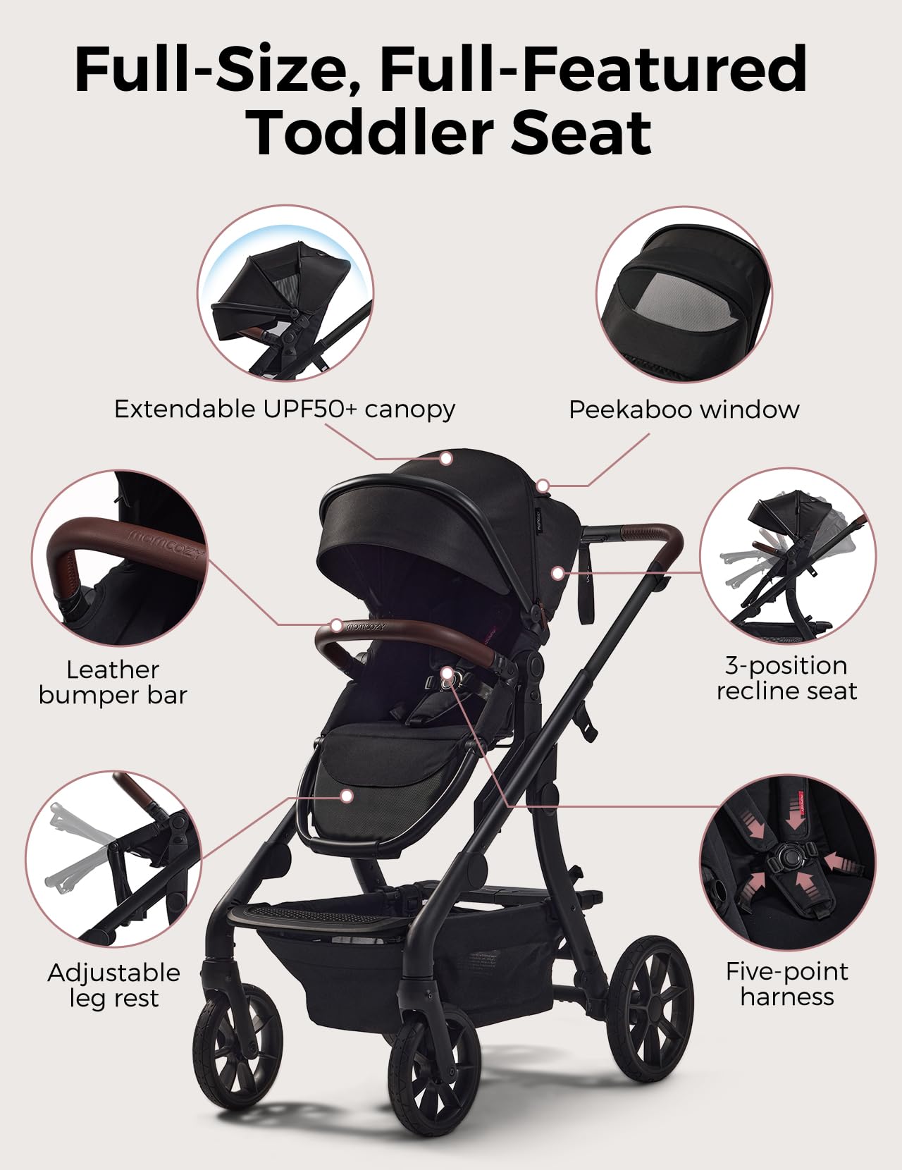 Momcozy ChangeGo Baby Stroller, Convertible Single-to-Double-to-Wagon Stroller with 23 Configurations, Carry-cot and Seat Included, Large PU Wheels, All-Wheel Suspension ＆ Extendable UPF50+ Canopy