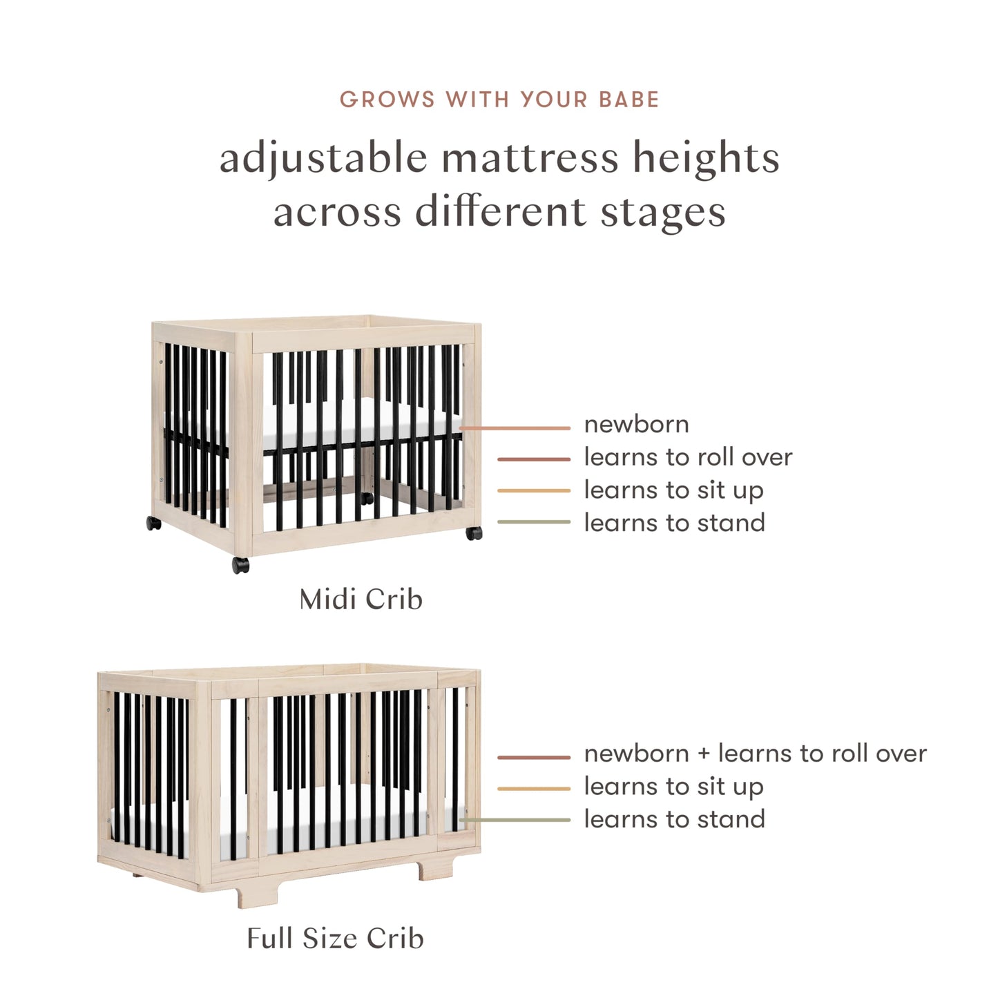Babyletto Yuzu Convertible All-Stages® Bassinet, Midi, Full-Size Crib in Natural, Greenguard Gold Certified, Portable & Adjustable with Conversion Kits and Pads Included