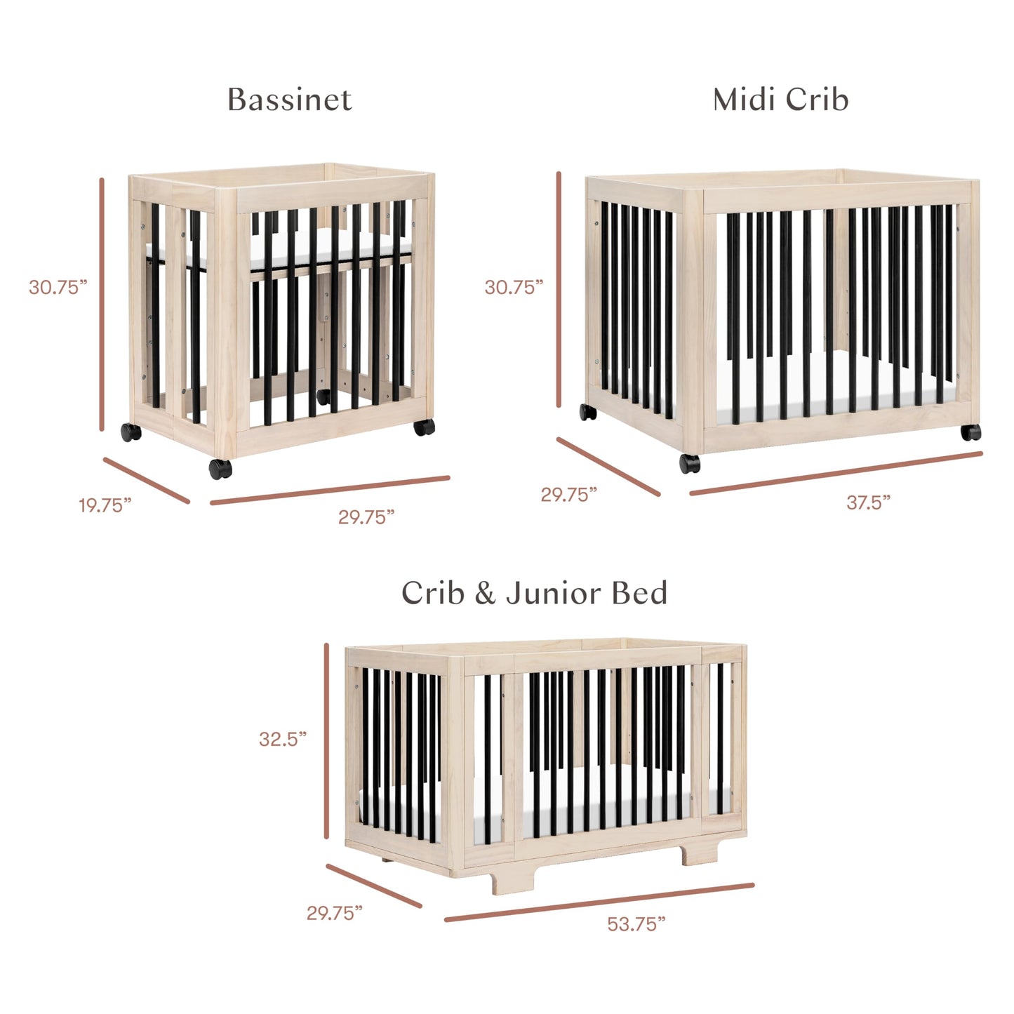 Babyletto Yuzu Convertible All-Stages® Bassinet, Midi, Full-Size Crib in Natural, Greenguard Gold Certified, Portable & Adjustable with Conversion Kits and Pads Included