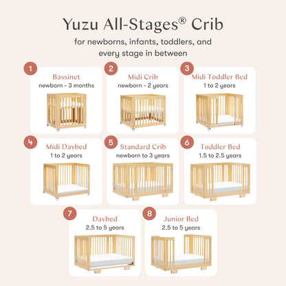 Babyletto Yuzu Convertible All-Stages® Bassinet, Midi, Full-Size Crib in Natural, Greenguard Gold Certified, Portable & Adjustable with Conversion Kits and Pads Included