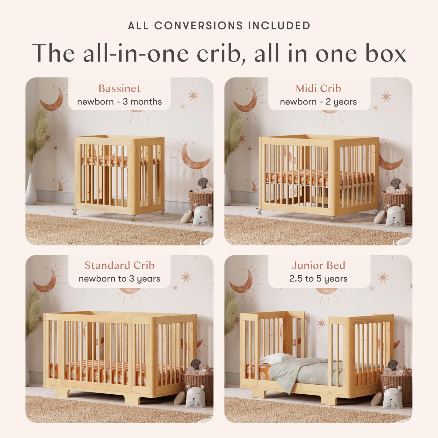 Babyletto Yuzu Convertible All-Stages® Bassinet, Midi, Full-Size Crib in Natural, Greenguard Gold Certified, Portable & Adjustable with Conversion Kits and Pads Included