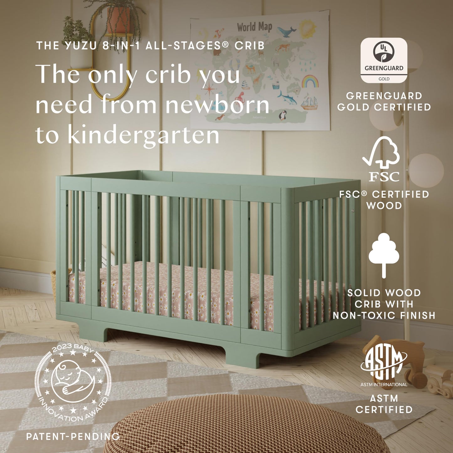 Babyletto Yuzu Convertible All-Stages® Bassinet, Midi, Full-Size Crib in Natural, Greenguard Gold Certified, Portable & Adjustable with Conversion Kits and Pads Included