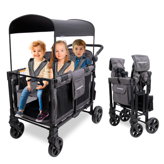 WONDERFOLD W4 Elite Pro Stroller Wagon (4 Seater) - Wagon Stroller with 5-Point Harnesses, Adjustable Push Handle, and Adjustable Sun Canopy - Safety Certified, Jet Black