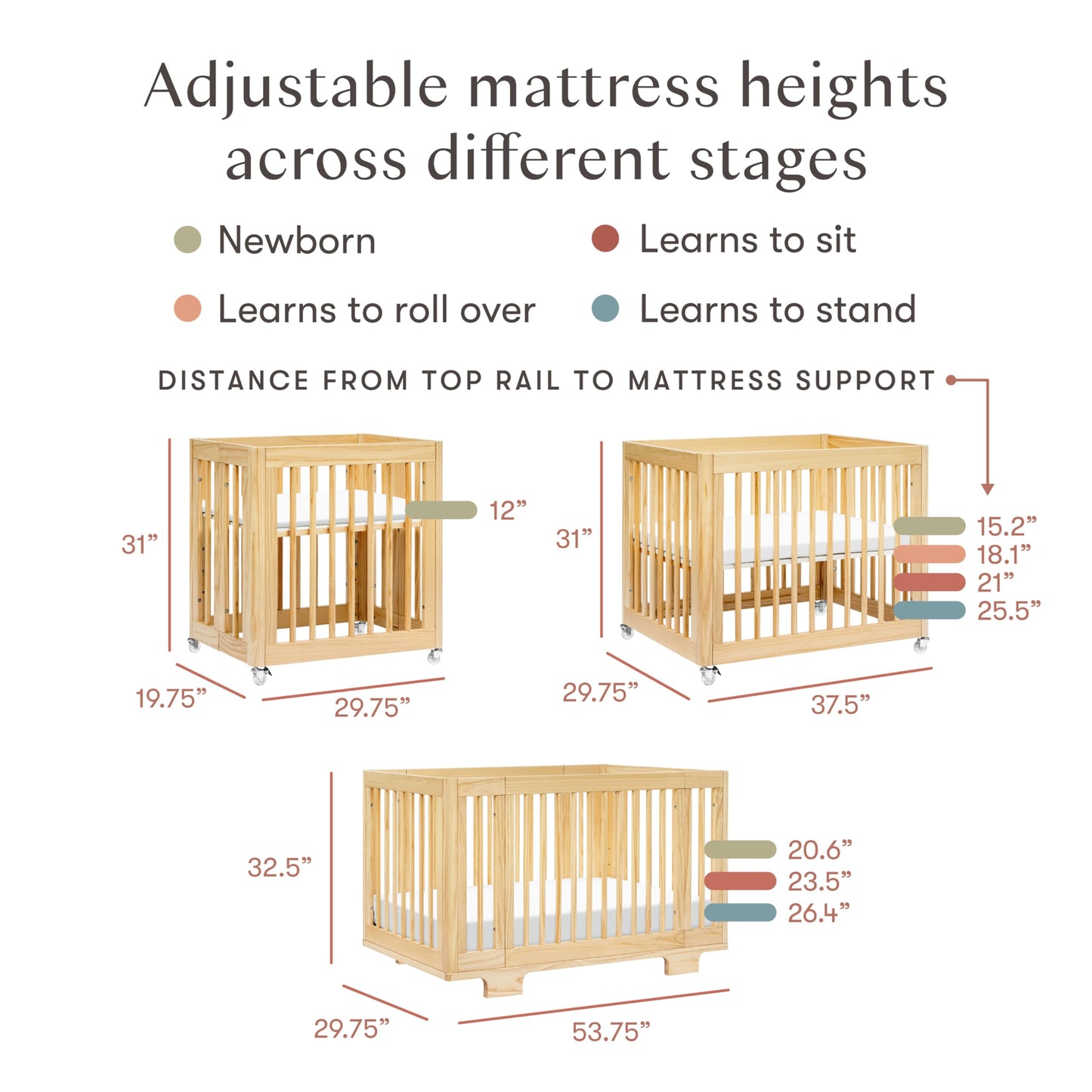 Babyletto Yuzu Convertible All-Stages® Bassinet, Midi, Full-Size Crib in Natural, Greenguard Gold Certified, Portable & Adjustable with Conversion Kits and Pads Included